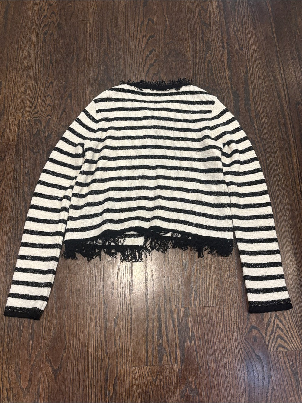 Mango Women’s Black & White Striped Fringe-Trim Cardigan Size X Small
