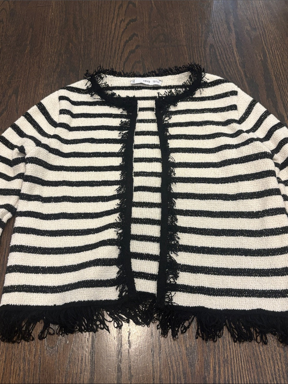Mango Women’s Black & White Striped Fringe-Trim Cardigan Size X Small