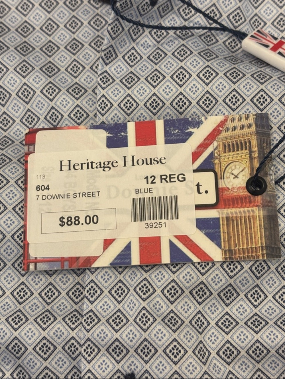 NWT Heritage House Boys' Light Blue Patterned Button-Down Shirt Size 12