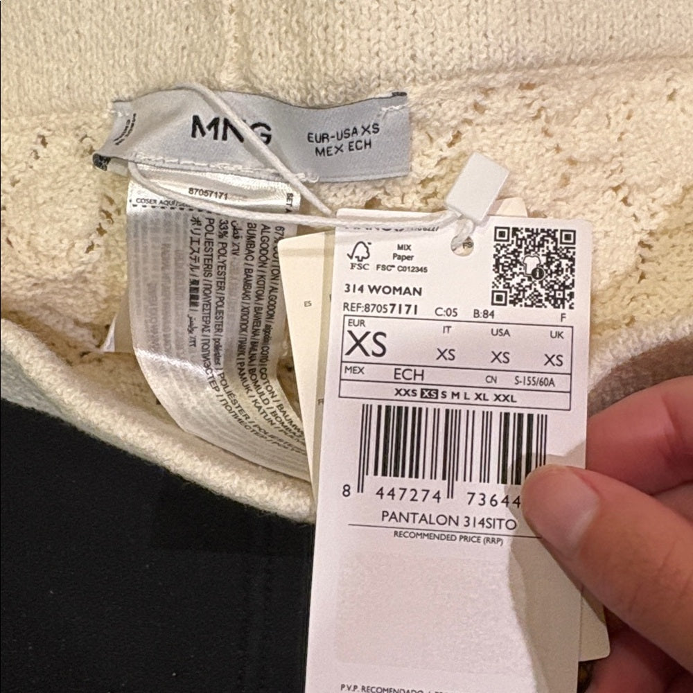 NWT MNG Woman’s White Open Work Knitted Sweater and Pants Size XS