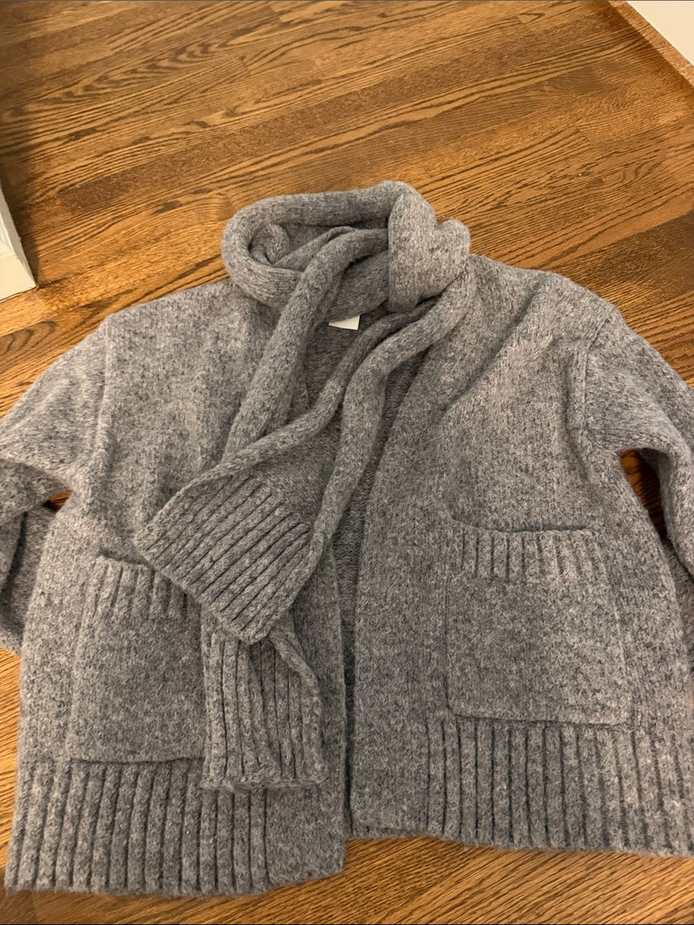 NWT Et Clet Cozy Gray Knit Cardigan Sweater with Scarf Size S/M
