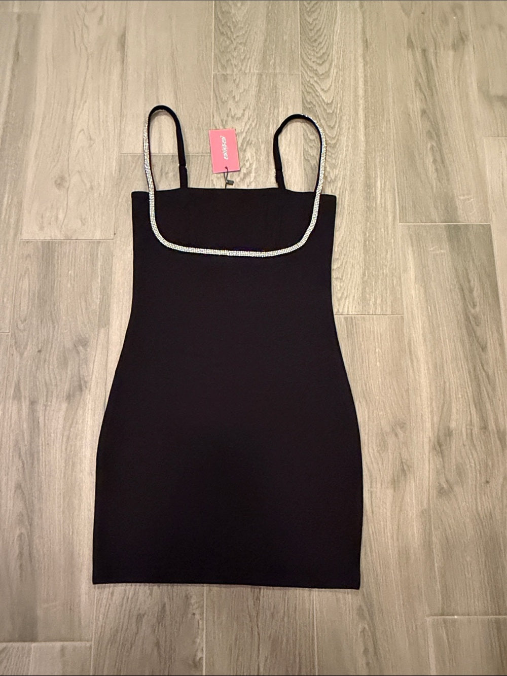 NWT Edikted Women’s Black Rhinestone-Trim Tank Dress Size S