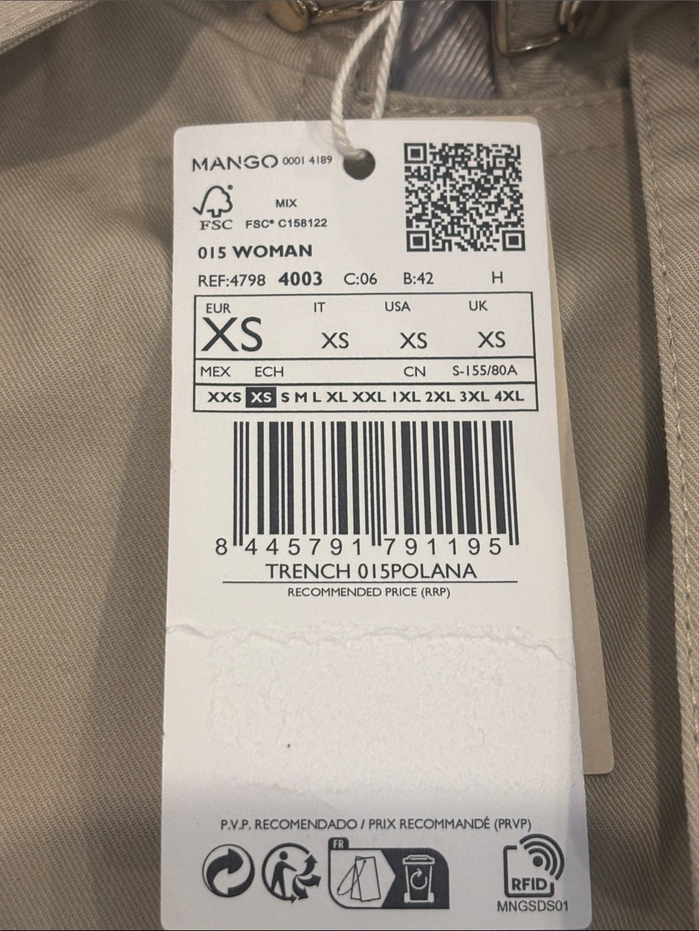 NWT Mango Women’s Beige Trench Coat with Belt Size XS