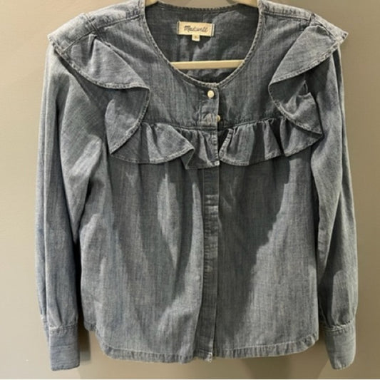 MADEWELL light denim ruffle smock button down shirt Size Medium