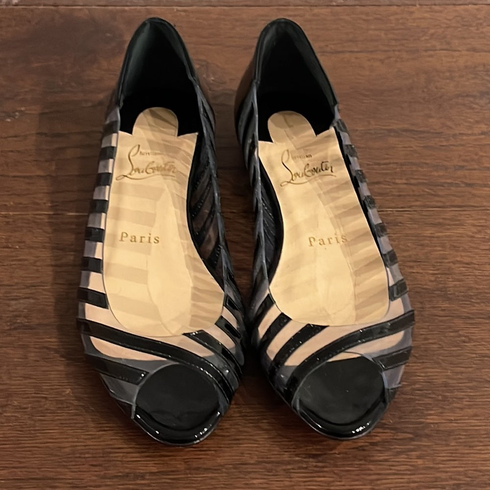 Christian Louboutin Clear and Black Patent Leather Peep Toe Flats Size 5.5