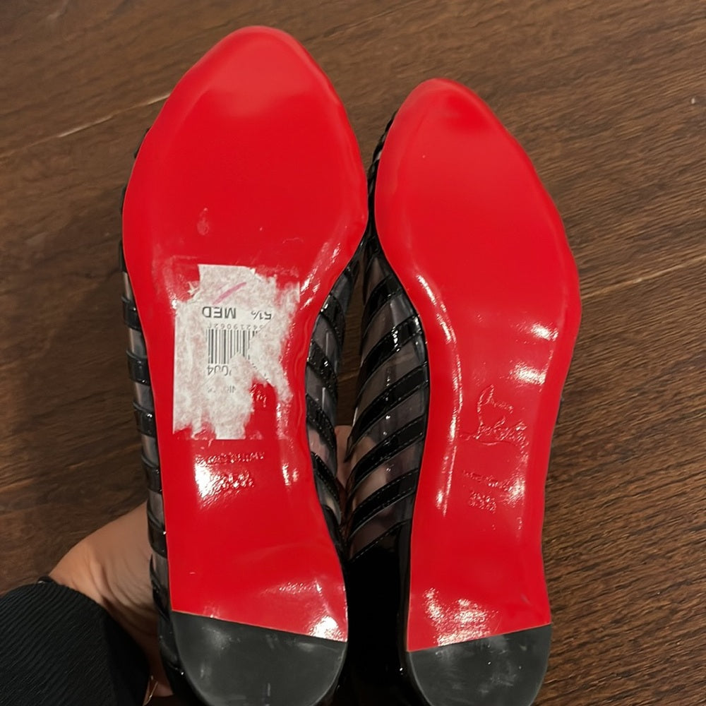 Christian Louboutin Clear and Black Patent Leather Peep Toe Flats Size 5.5