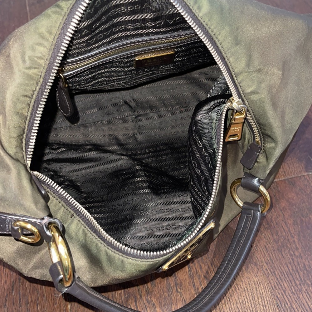 Prada Brown/Olive Green Nylon Hobo Shoulder Bag