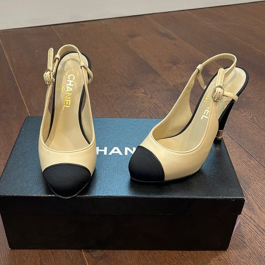 Chanel Beige and Black Sling Backs Size 36.5/6.5