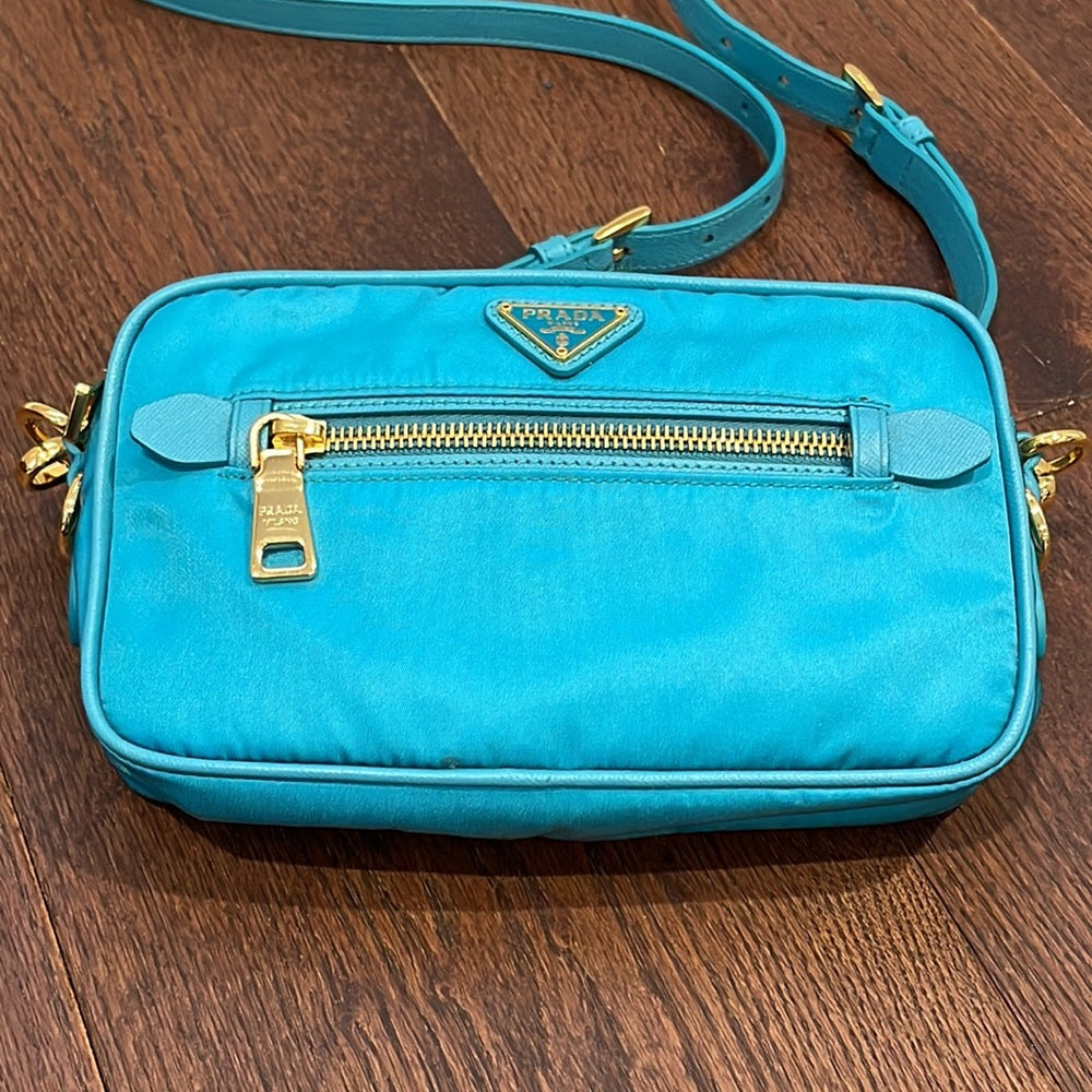 NWT Prada Blue Nylon Crossbody Bag with Gold Hardware