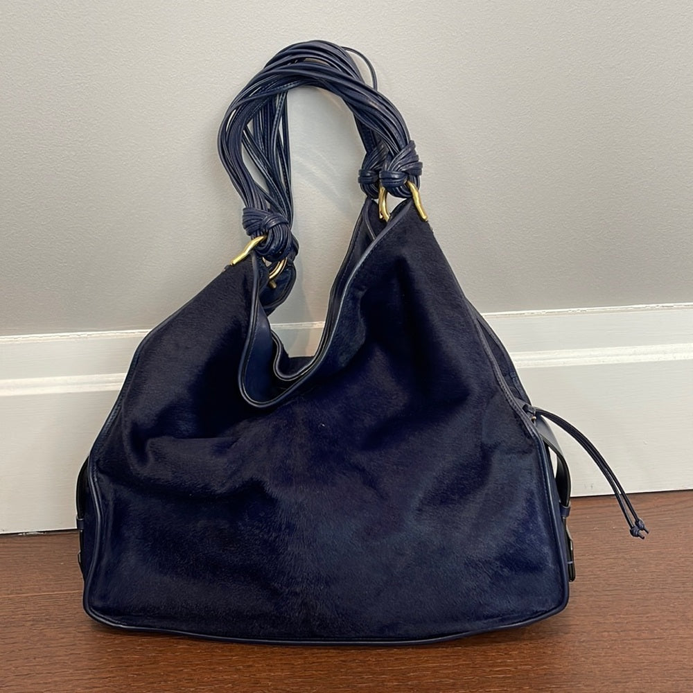 Stuart Weitzman Navy Blue Fur and Leather Shoulder Bag