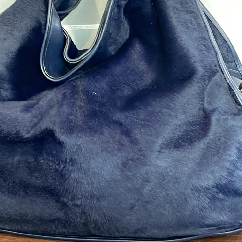 Stuart Weitzman Navy Blue Fur and Leather Shoulder Bag