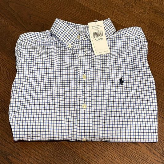 NWT Ralph Lauren Blue and White Boys Button Down Size Large 14/16