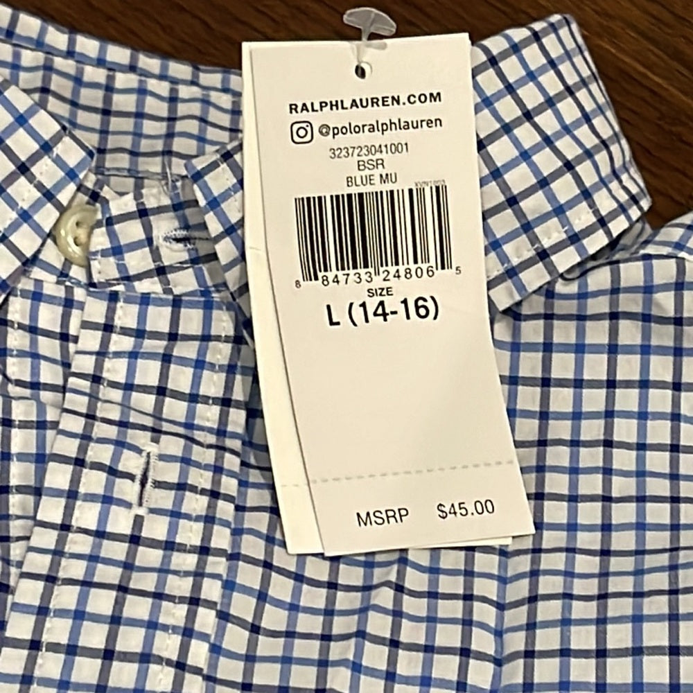 NWT Ralph Lauren Blue and White Boys Button Down Size Large 14/16