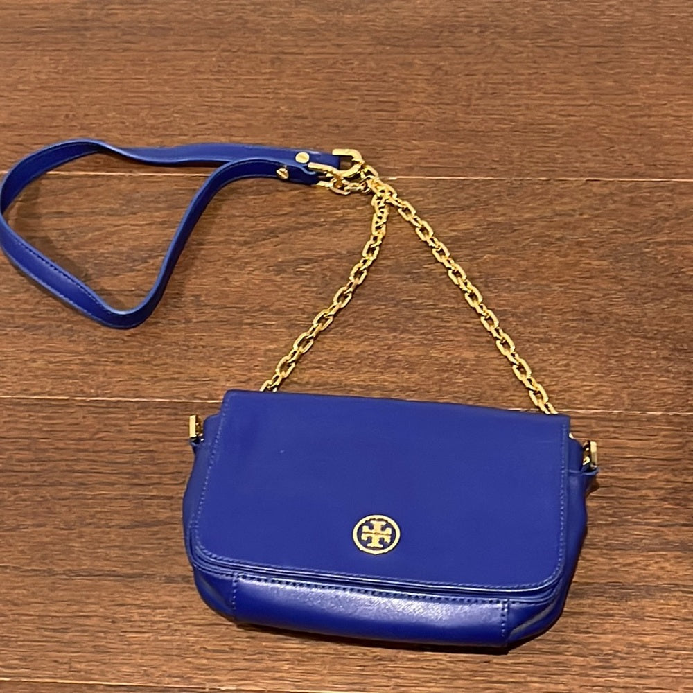 Tory Burch Robinson Mini Chain-Strap Bag Blue and Gold