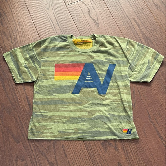 Aviator Nation Logo Green Camo Women’s Short Sleeve T-Shirt Size Small