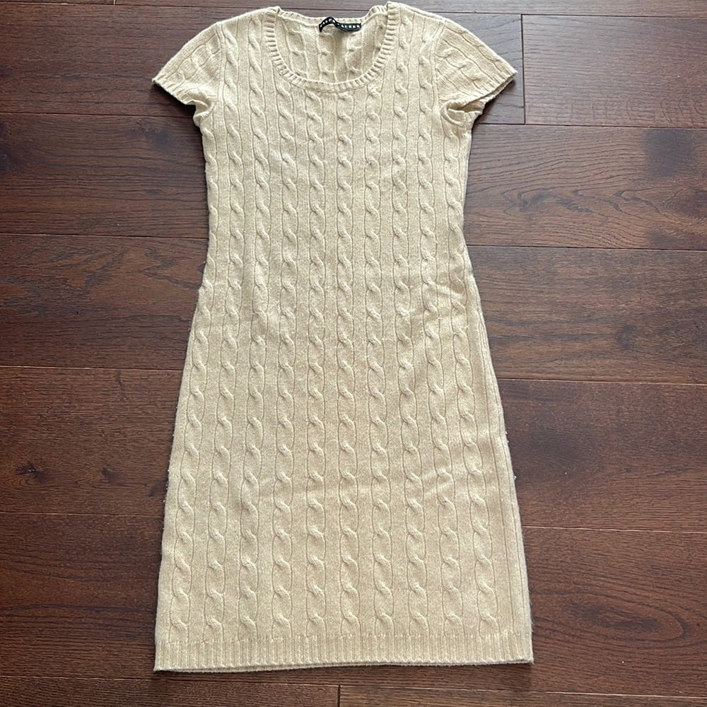 Ralph Lauren Women’s  Beige / Tan Cashmere Short Sleeve Sweater Dress Size Small