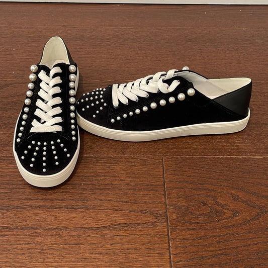 Stuart Weitzman Women’s Black Velvet and Leather With Pearl Sneakers Size 10