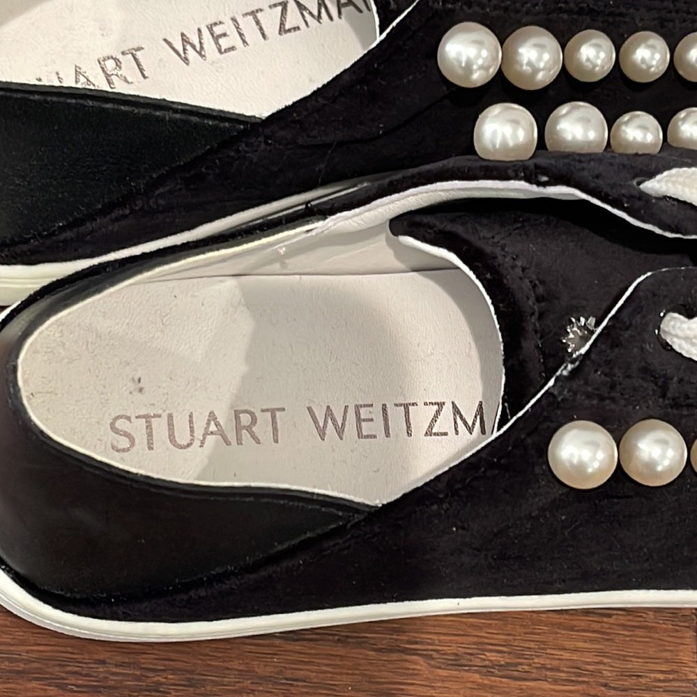 Stuart Weitzman Women’s Black Velvet and Leather With Pearl Sneakers Size 10
