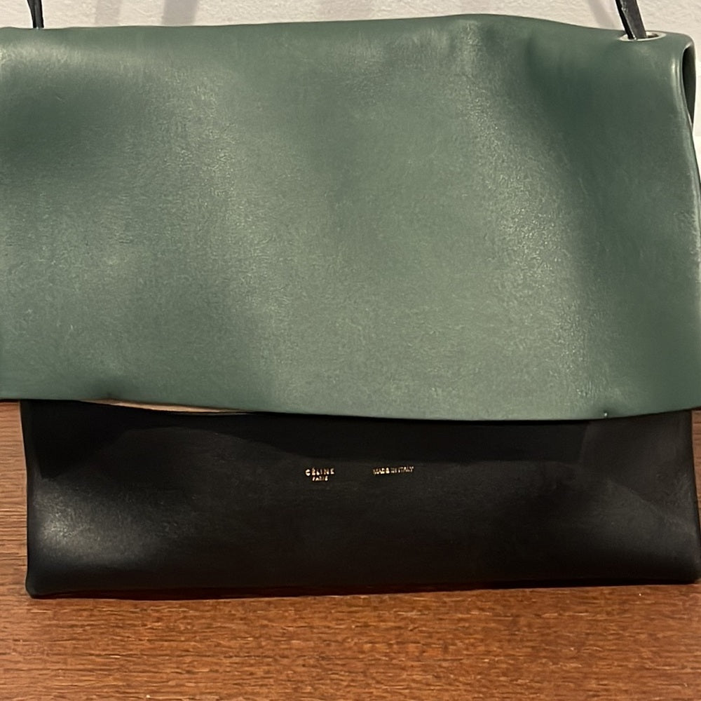 CELINE Women’s All Soft Green and Black Leather and Suede Shoulder Bag w/ Pouch