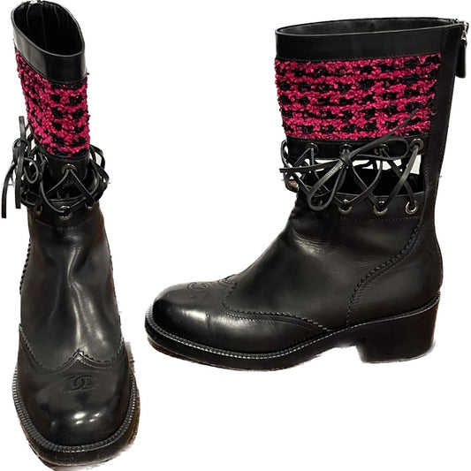 Chanel Women’s Black Leather Corset Lace and Pink Tweed Boots Size 38.5 /8.5