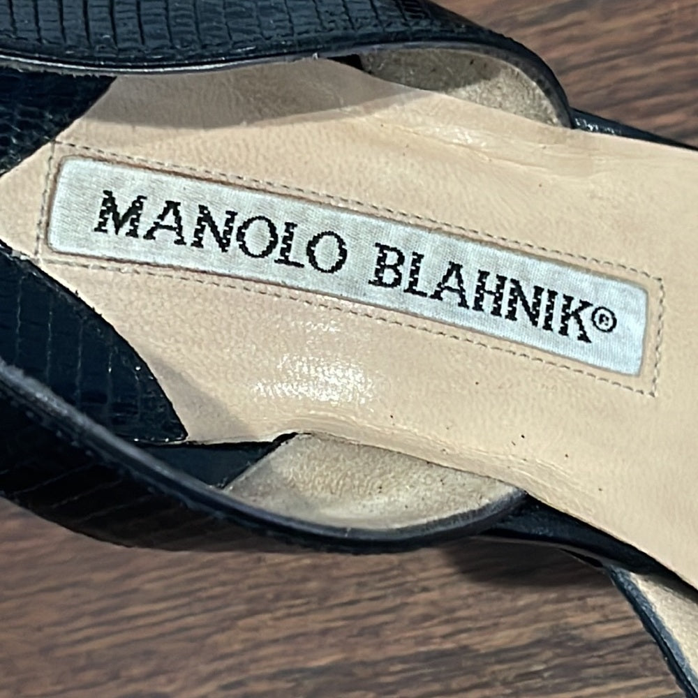 Manolo Blahnik Women’s Black Snakeskin Sling Backs Size 38.5/8.5