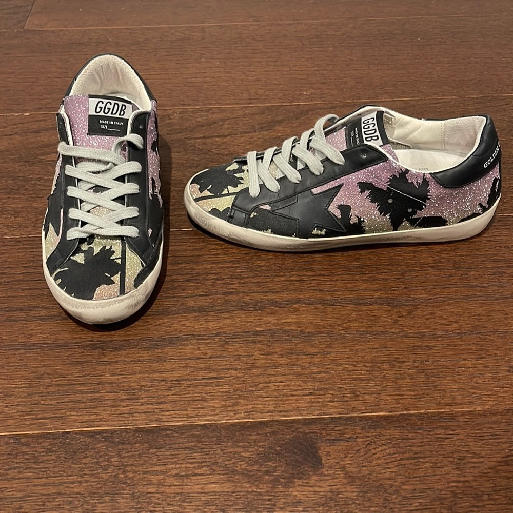 NWOT Golden Goose Women’s Glitter Purple and Black Sneakers Size 38