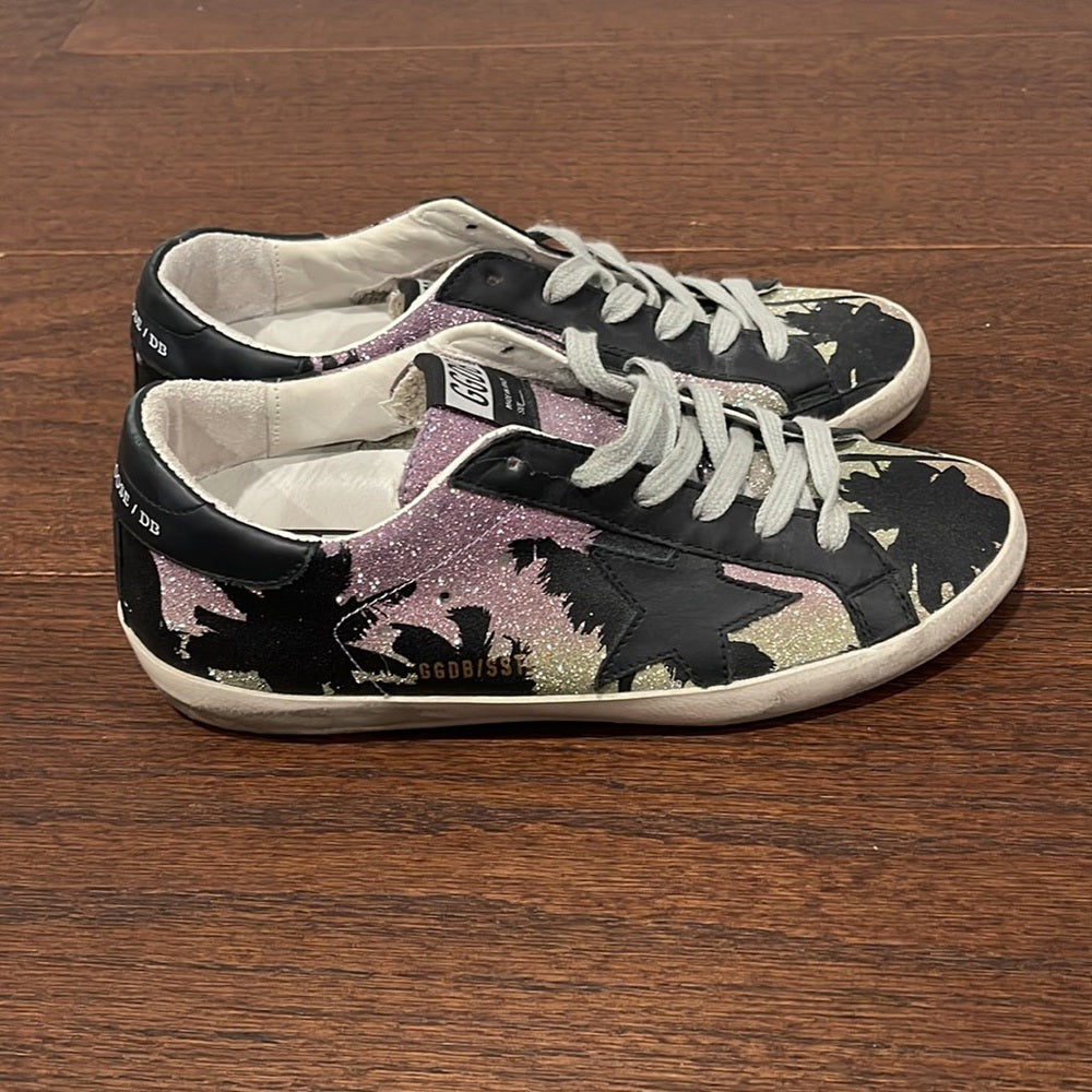 NWOT Golden Goose Women’s Glitter Purple and Black Sneakers Size 38