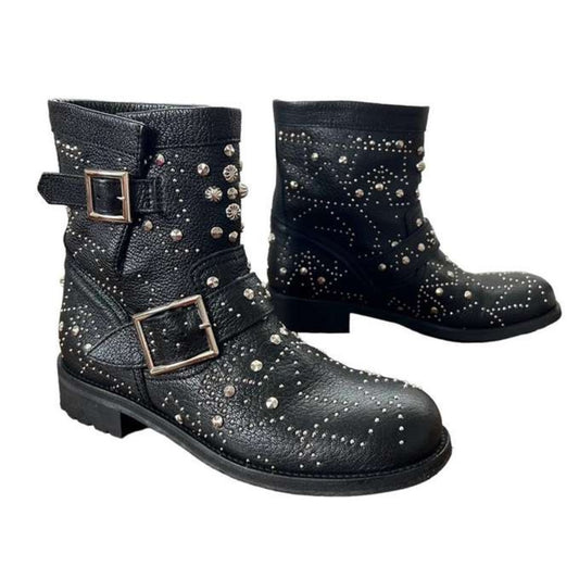 Jimmy Choo Women’s Black Youth Star-Studded Leather Moto Boots Size 37/7