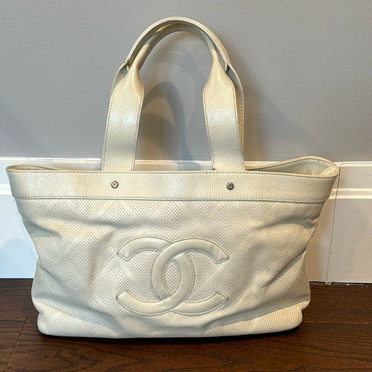 Chanel Off-White Perforated Leather CC Tote