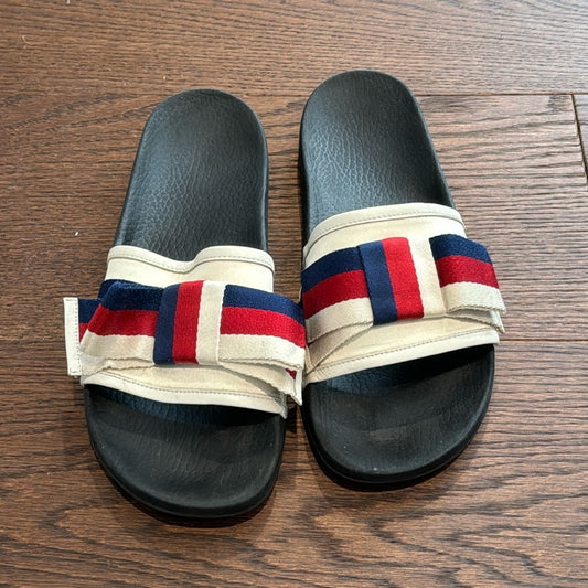 Gucci Tricolor Satin and Canvas Web Bow Slides Size 41