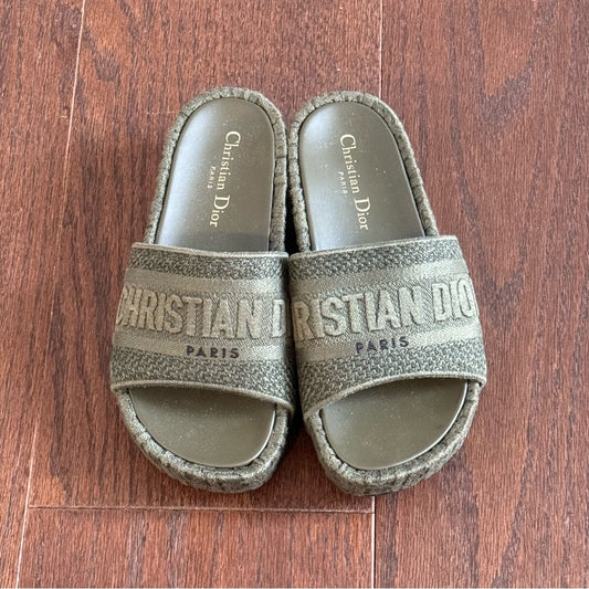 Dior Oblique D-Way Green Denim Platform Slides Size 36